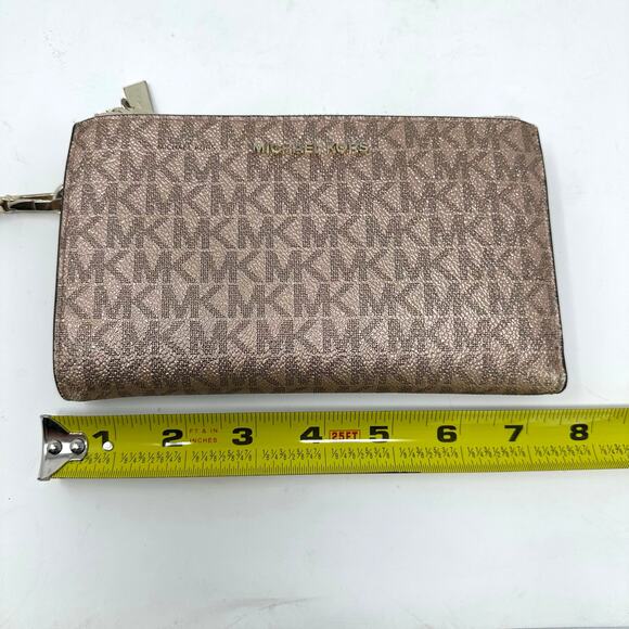 Michael Kors Jet Set Travel Double Zip Wristlet Pink Gold Bi Fold Wallet MK Logo - Picture 8 of 9